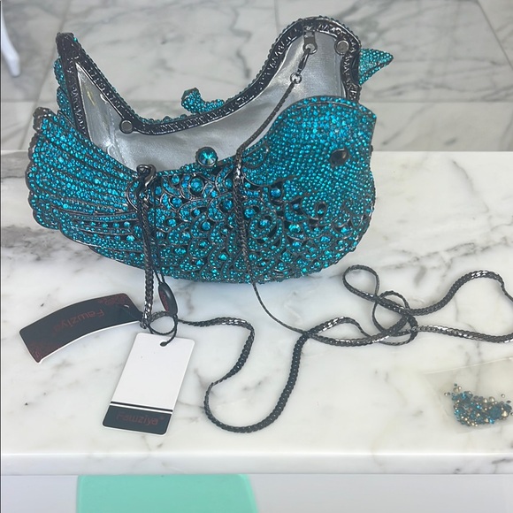Elegant Rhinestone Blue Bird Clutch with cross body strap